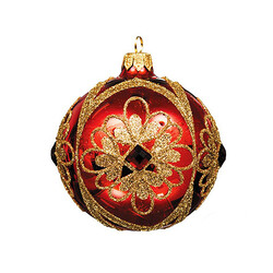 Елочный шар красный с золотыми узорами и рубиновыми стразами багетной огранки